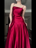 Pretty A Line Spaghetti Straps Red Satin Long Floor Length Prom Dresses HZ1024
