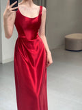 Pretty A line Straps Red Satin Long Floor Length Prom Dresses HZ1024