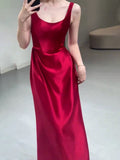 Pretty A line Straps Red Satin Long Floor Length Prom Dresses HZ1024