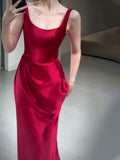 Pretty A line Straps Red Satin Long Floor Length Prom Dresses HZ1024