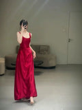 Pretty A line Straps Red Satin Long Floor Length Prom Dresses HZ1024