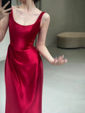 Pretty A line Straps Red Satin Long Floor Length Prom Dresses HZ1024