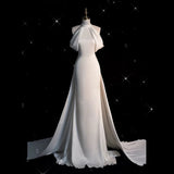 Chic Sheath High neckline Sleeveless Ivory Satin Long Wedding Dresses With Train HZ1024
