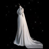 Chic Sheath High neckline Sleeveless Ivory Satin Long Wedding Dresses With Train HZ1024