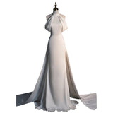 Chic Sheath High neckline Sleeveless Ivory Satin Long Wedding Dresses With Train HZ1024