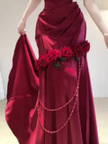 Vintage Mermaid One Shoulder Burgundy Satin Long Floor Length Prom Dresses HZ1024