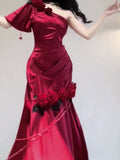 Vintage Mermaid One Shoulder Burgundy Satin Long Floor Length Prom Dresses HZ1024