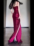 Gorgeous Sheath Spaghetti Straps Burgundy Sequin Long Evening Dress Prom Dresses Birthday Outfits HZ1024