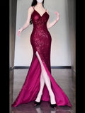 Gorgeous Sheath Spaghetti Straps Burgundy Sequin Long Evening Dress Prom Dresses Birthday Outfits HZ1024