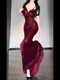 Gorgeous Sheath Spaghetti Straps Burgundy Sequin Long Evening Dress Prom Dresses Birthday Outfits HZ1024