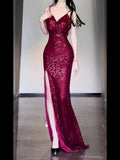 Gorgeous Sheath Spaghetti Straps Burgundy Sequin Long Evening Dress Prom Dresses Birthday Outfits HZ1024