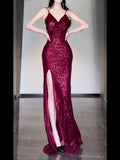 Gorgeous Sheath Spaghetti Straps Burgundy Sequin Long Evening Dress Prom Dresses Birthday Outfits HZ1024