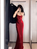 Vintage Mermaid Spaghetti Straps Burgundy Satin Long Floor Length Prom Dresses HZ1024