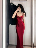 Vintage Mermaid Spaghetti Straps Burgundy Satin Long Floor Length Prom Dresses HZ1024