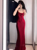 Vintage Mermaid Spaghetti Straps Burgundy Satin Long Floor Length Prom Dresses HZ1024