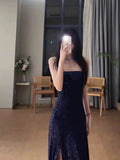 Gorgeous Sheath Spaghetti Straps Navy Blue Sequin Evening Dress Prom Dresses Birthday Outfits HZ1024