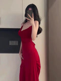 Gorgeous Sheath Spaghetti Straps Red Long Evening Dress Prom Dresses Birthday Outfits HZ1024