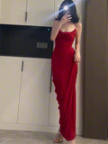 Gorgeous Sheath Spaghetti Straps Red Long Evening Dress Prom Dresses Birthday Outfits HZ1024