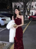 Gorgeous Sheath Spaghetti Straps Wine Red Sequin Evening Dress Prom Dresses Birthday Outfits HZ1024