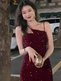 Gorgeous Sheath Spaghetti Straps Wine Red Sequin Evening Dress Prom Dresses Birthday Outfits HZ1024