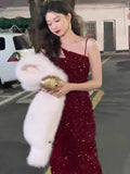 Gorgeous Sheath Spaghetti Straps Wine Red Sequin Evening Dress Prom Dresses Birthday Outfits HZ1024