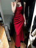 Gorgeous Sheath Spaghetti Straps Red Satin Evening Dress Prom Dresses Birthday Outfits HZ1024