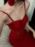 Gorgeous Sheath Spaghetti Straps Red Satin Evening Dress Prom Dresses Birthday Outfits HZ1024