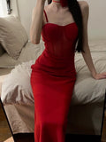 Gorgeous Sheath Spaghetti Straps Red Satin Evening Dress Prom Dresses Birthday Outfits HZ1024