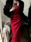 Gorgeous Sheath Spaghetti Straps Red Satin Evening Dress Prom Dresses Birthday Outfits HZ1024