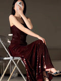 Gorgeous Mermaid Spaghetti Straps Burgundy Sequin Evening Dress Prom Dresses Birthday Outfits HZ1024