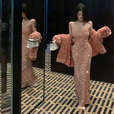 Gorgeous Mermaid Straps Pink Sequin Evening Dress Prom Dresses Birthday Outfits HZ1024