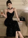 Gorgeous Sheath Spaghetti Straps Black Sequin Evening Dress Prom Dresses Birthday Outfits HZ1024