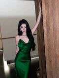 Vintage Mermaid Spaghetti Straps Green Satin Long Birthday Dress Prom Dresses HZ1024