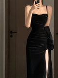 Gorgeous Sheath Spaghetti Straps Black Velvet Evening Dress Prom Dresses Birthday Outfits HZ1024