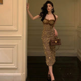 Sexy Sheath Halter Sequin Midi Evening Dress Prom Dresses Birthday Outfits HZ1024
