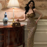 Sexy Sheath Halter Sequin Midi Evening Dress Prom Dresses Birthday Outfits HZ1024