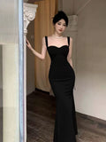 Vintage Mermaid Straps Black Satin Long Birthday Dress Prom Dresses HZ1024