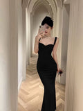 Vintage Mermaid Straps Black Satin Long Birthday Dress Prom Dresses HZ1024