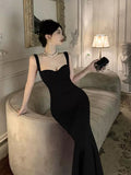Vintage Mermaid Straps Black Satin Long Birthday Dress Prom Dresses HZ1024