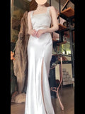 Sexy Mermaid Square Neckline White Slit Long Evening Dress Prom Dresses Birthday Outfits HZ1024