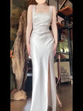 Sexy Mermaid Square Neckline White Slit Long Evening Dress Prom Dresses Birthday Outfits HZ1024