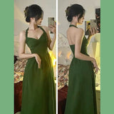 Elegant A line Halter Satin Green Sleeveless Prom Dresses birthday Party Dress HZ1024
