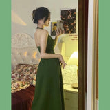 Elegant A line Halter Satin Green Sleeveless Prom Dresses birthday Party Dress HZ1024