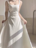 Simple A line Square Satin White Sleeveless Prom Dresses Birthday Party Dress HZ1024