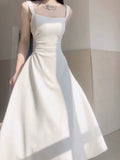 Simple A line Square Satin White Sleeveless Prom Dresses Birthday Party Dress HZ1024