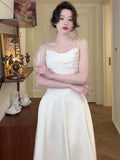 Elegant A Line Spaghetti Straps White Satin Prom Dress Birthday Outfits HZ1024