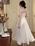Elegant A Line Spaghetti Straps White Satin Prom Dress Birthday Outfits HZ1024