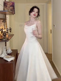 Elegant A Line Spaghetti Straps White Satin Prom Dress Birthday Outfits HZ1024