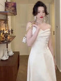 Elegant A Line Spaghetti Straps White Satin Prom Dress Birthday Outfits HZ1024