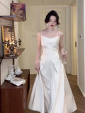 Elegant A Line Spaghetti Straps White Satin Prom Dress Birthday Outfits HZ1024